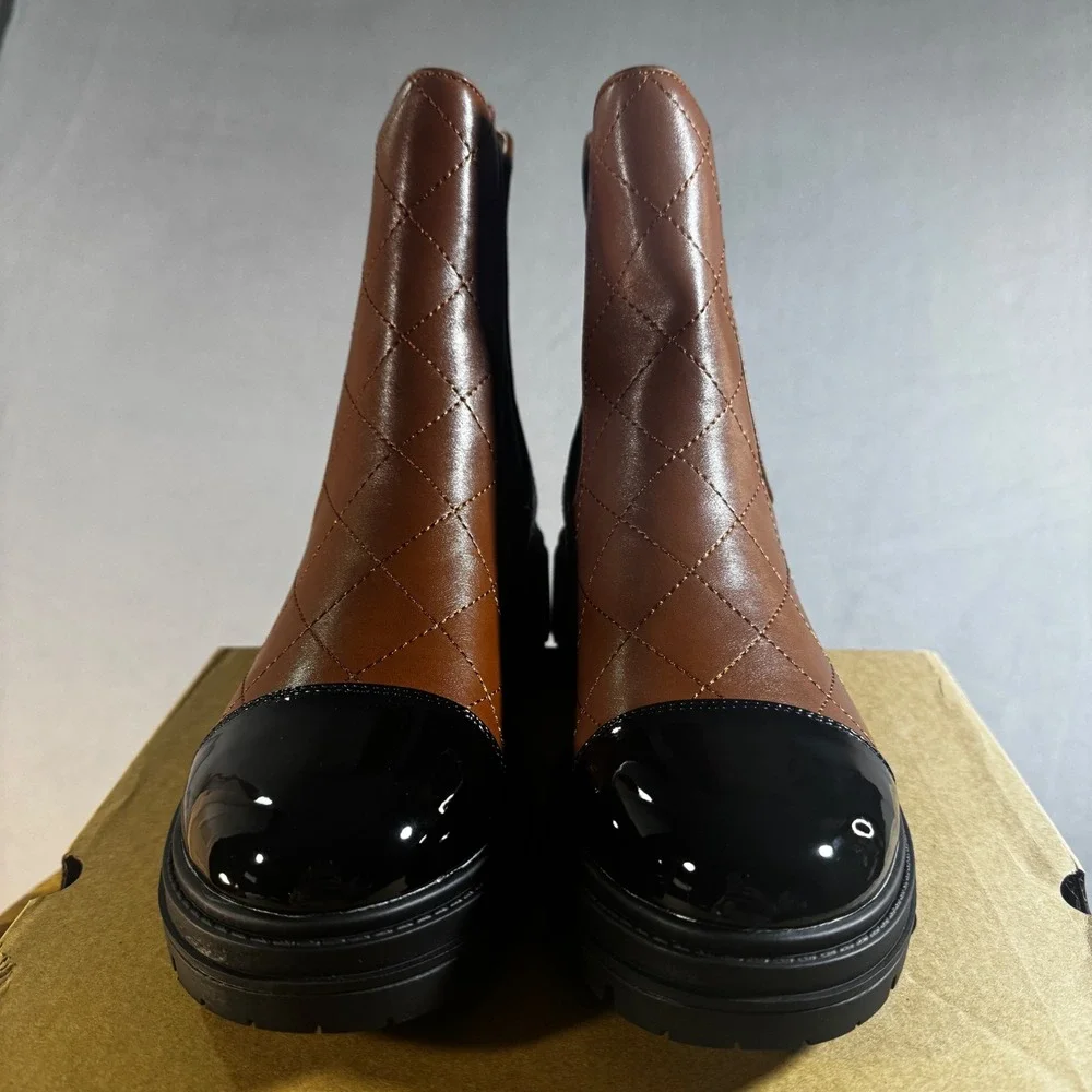 Coutgo Quilted Chelsea Boots Brown Black Patent Cap Toe Lug Sole Size 7.5 NEW‎
